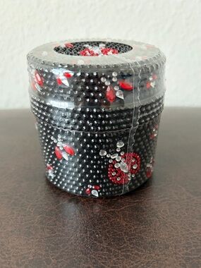 Black Beaded Decorative Round Trinket Box with Red and Clear Rhinestones